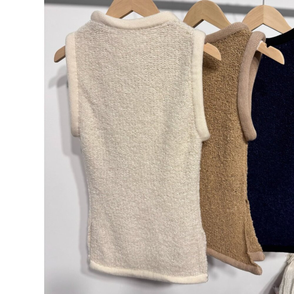 STAUD Neutral Cream Textured Sleeveless Crew Neck Sweater - Picture 7 of 8